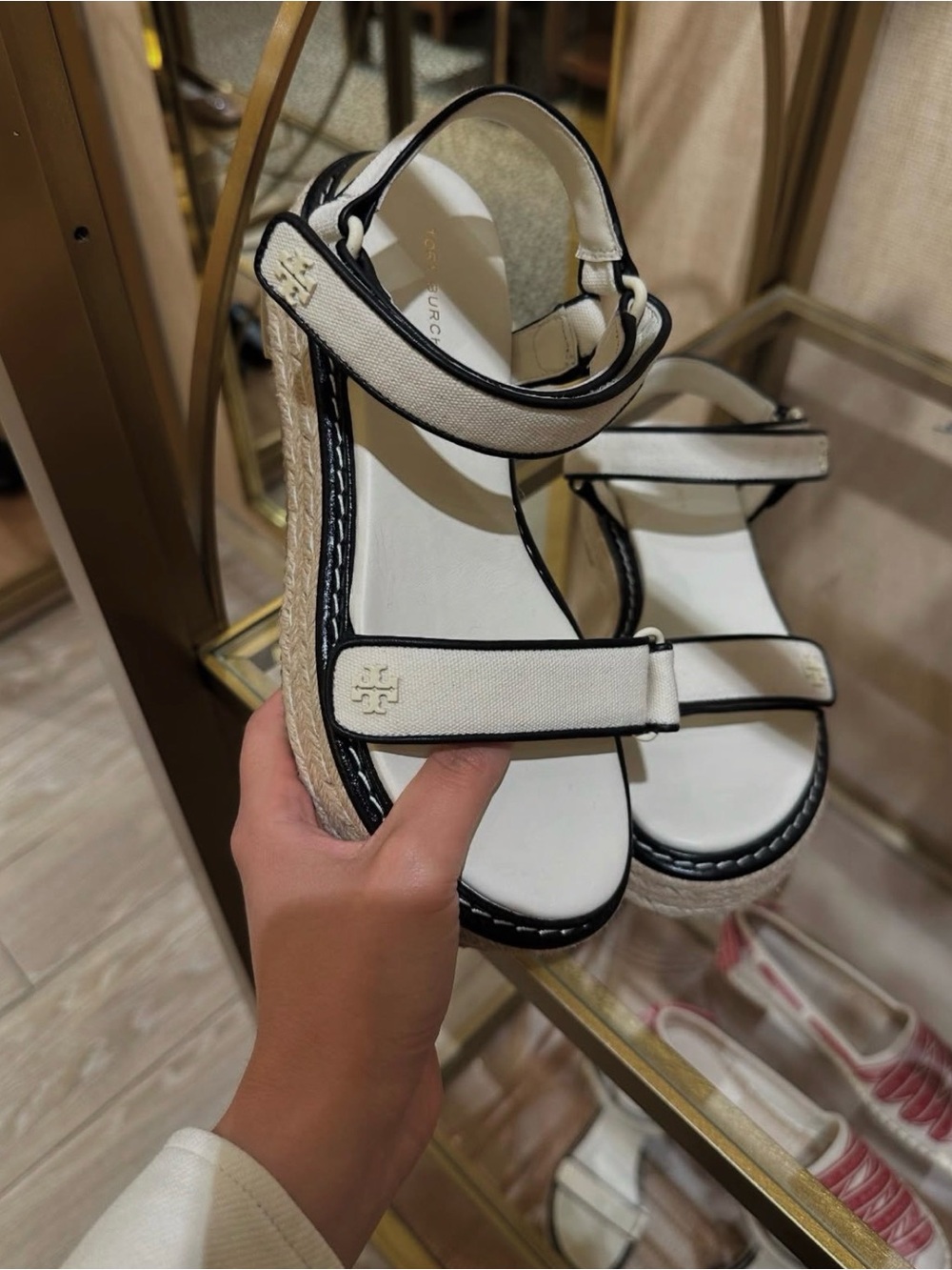Tory Burch White Canvas Espadrille Sandal with Black Trim
